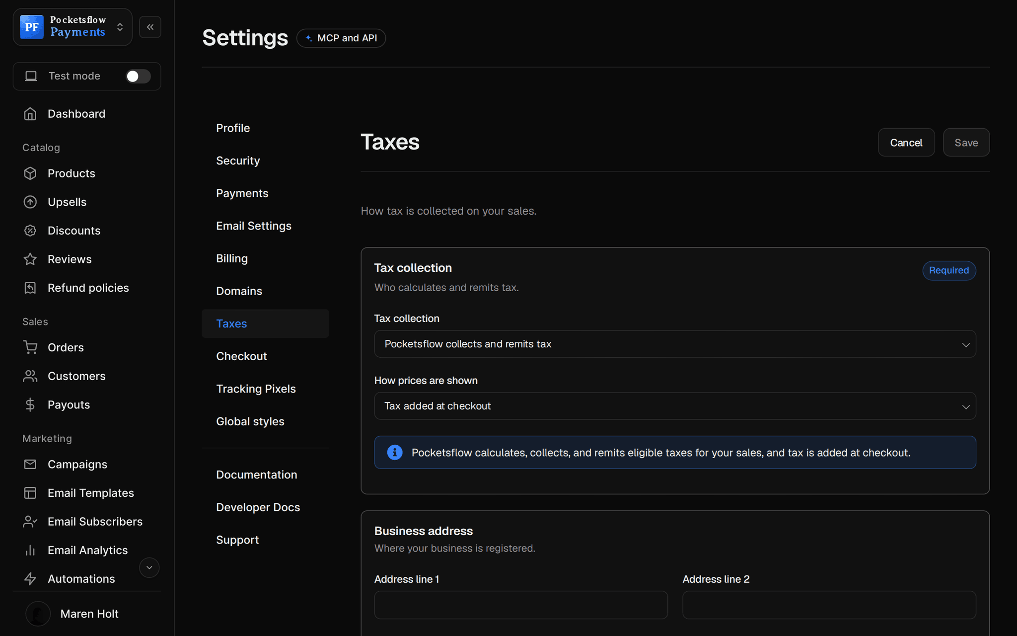 Settings, Taxes: tax collection set to Pocketsflow collects and remits tax, prices shown with tax added at checkout, and the business address