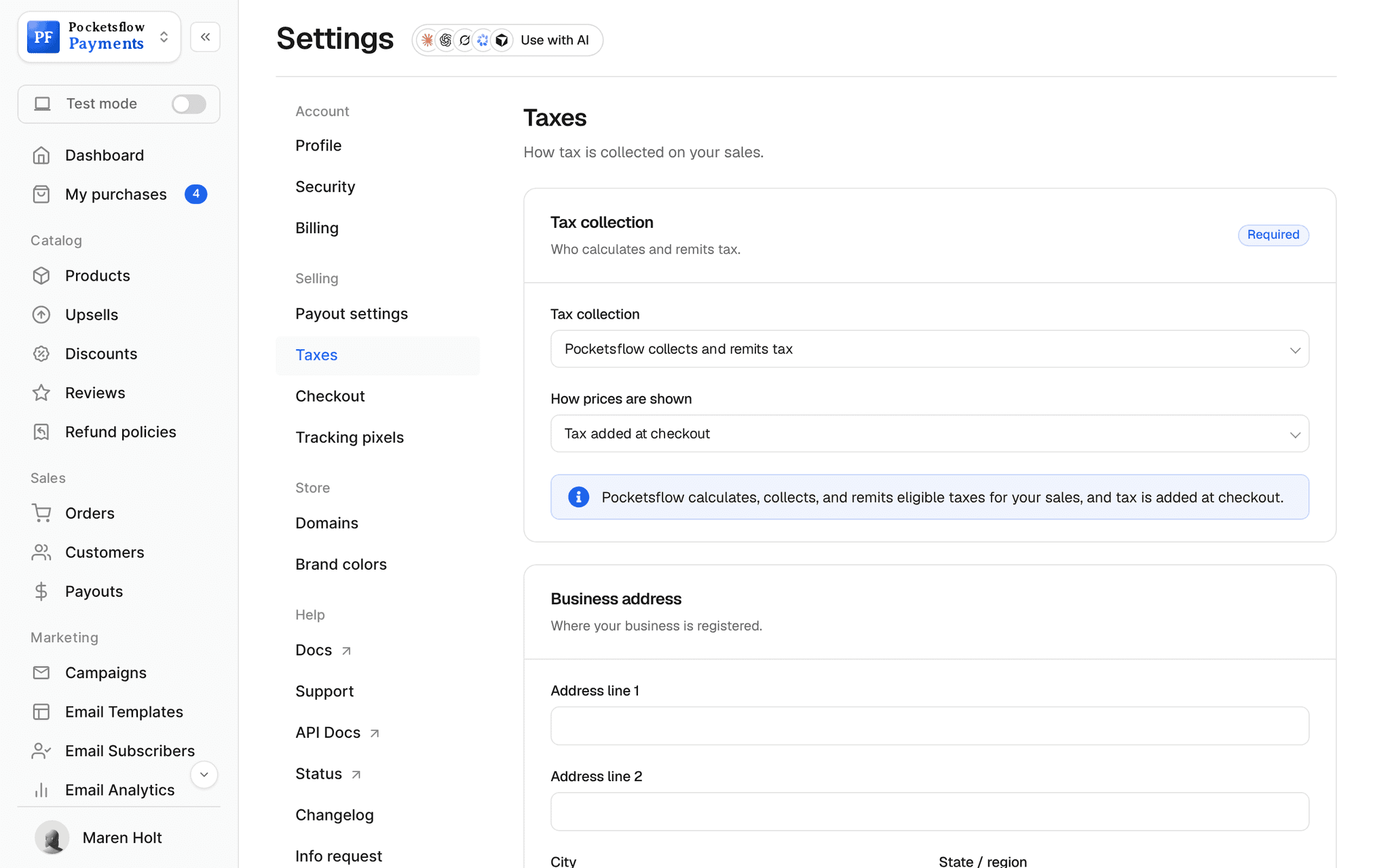 Settings, Taxes: tax collection set to Pocketsflow collects and remits tax, prices shown with tax added at checkout, and the business address