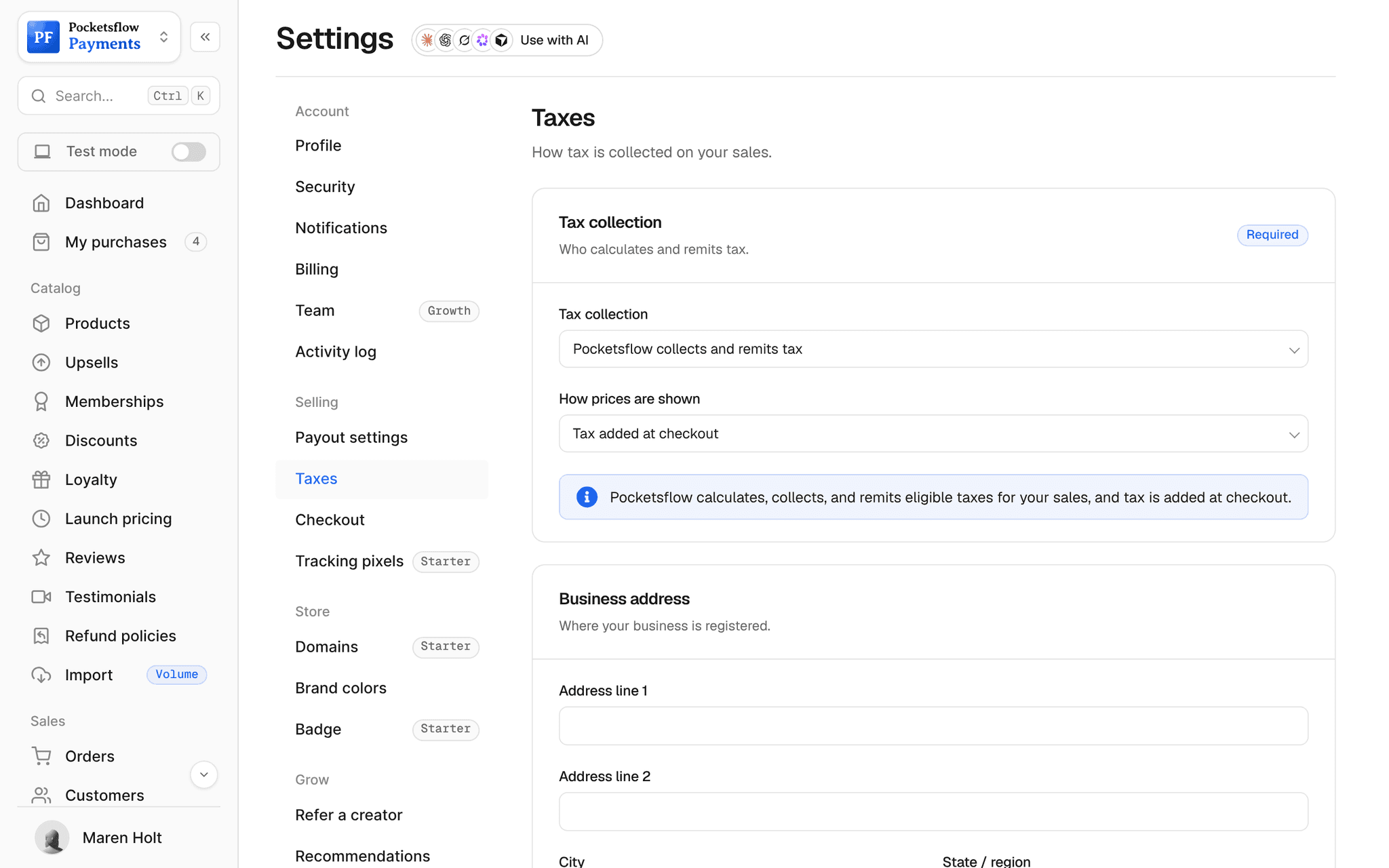 Settings, Taxes: tax collection set to Pocketsflow collects and remits tax, prices shown with tax added at checkout, and the business address