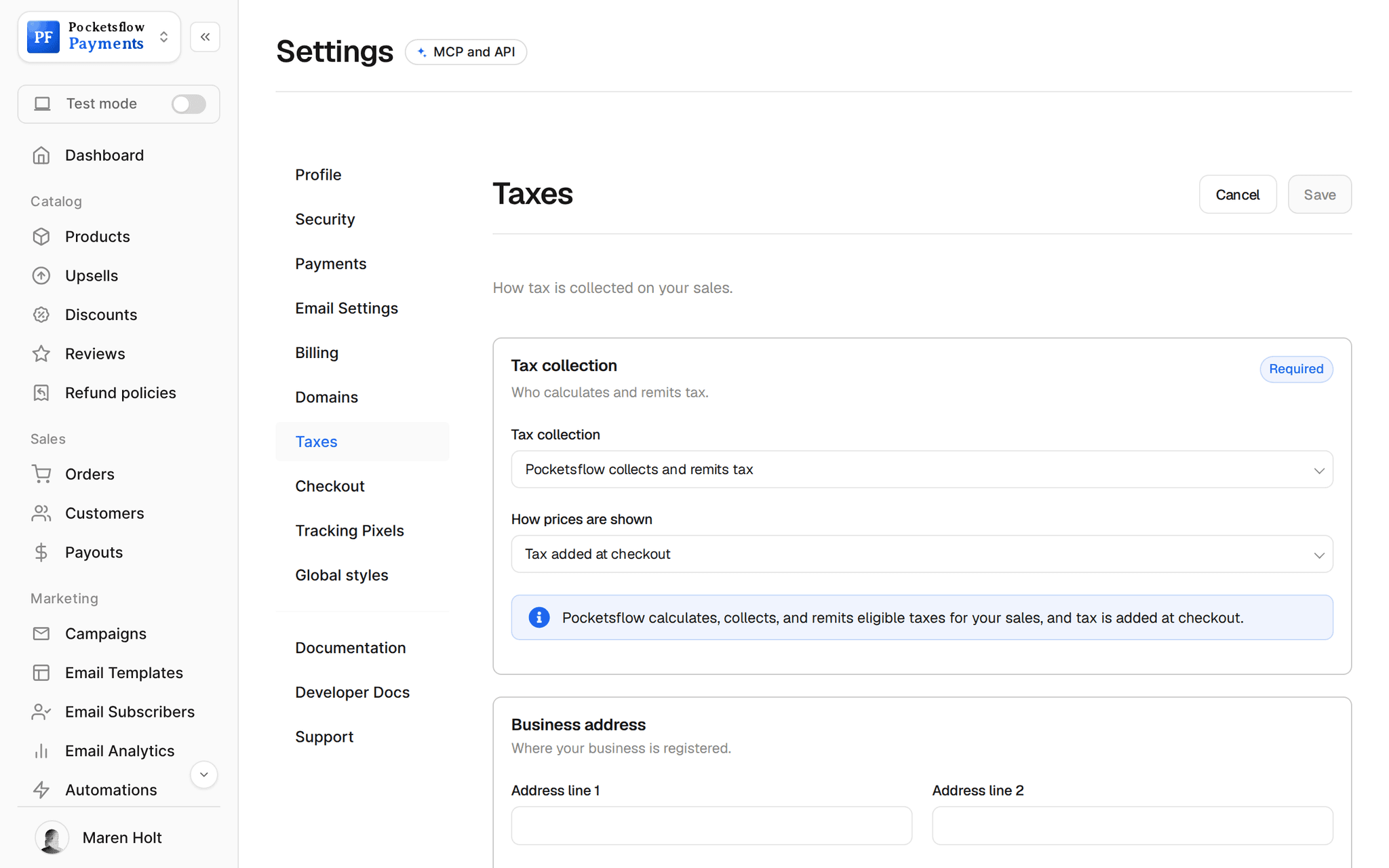 Settings, Taxes: tax collection set to Pocketsflow collects and remits tax, prices shown with tax added at checkout, and the business address