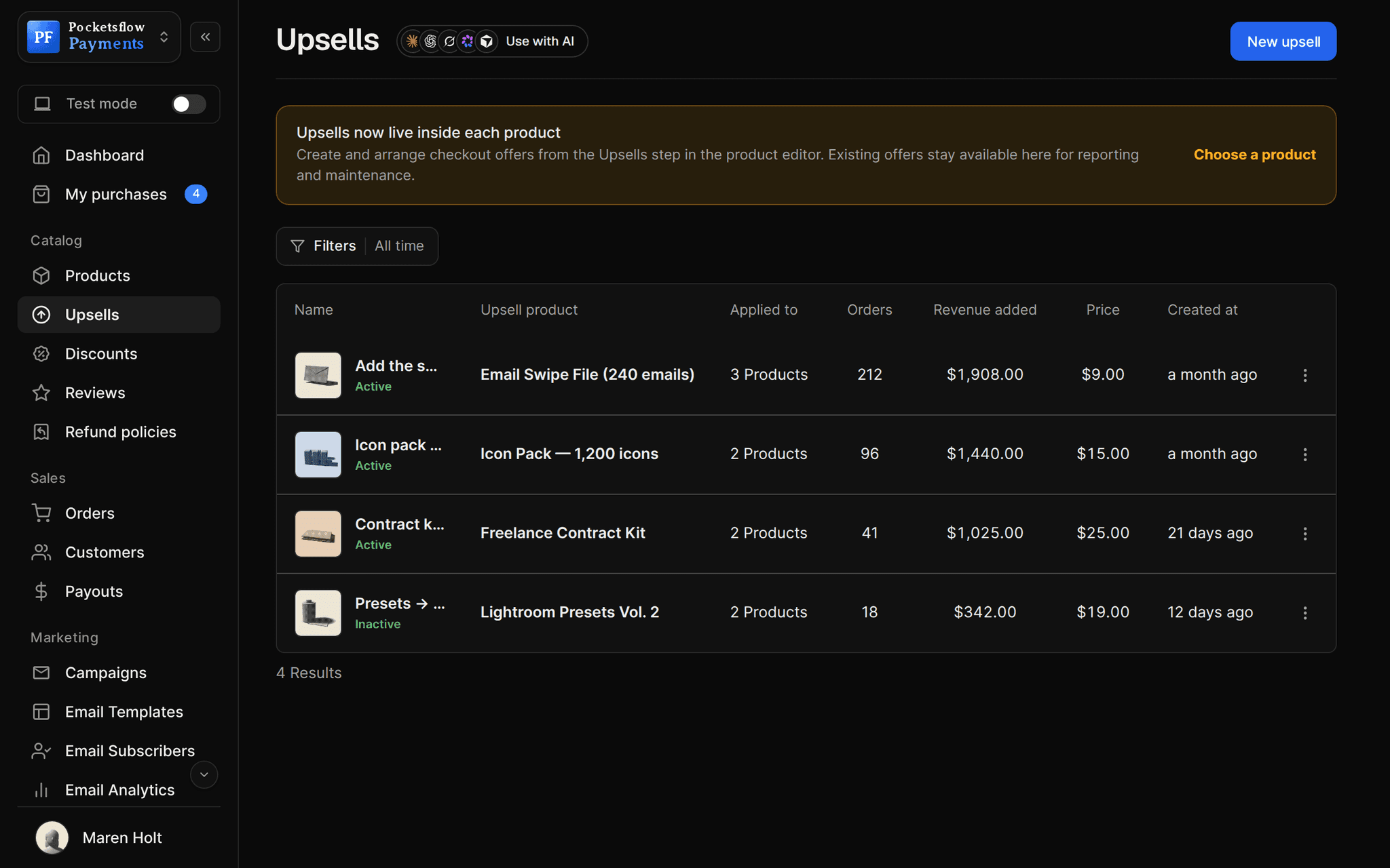 Upsells list with offer name, upsell product, number of products it applies to, orders, revenue added and price: Add the swipe file 212 orders $1,908, Icon pack for course buyers 96 orders $1,440, Contract kit bundle deal and Presets to field guide