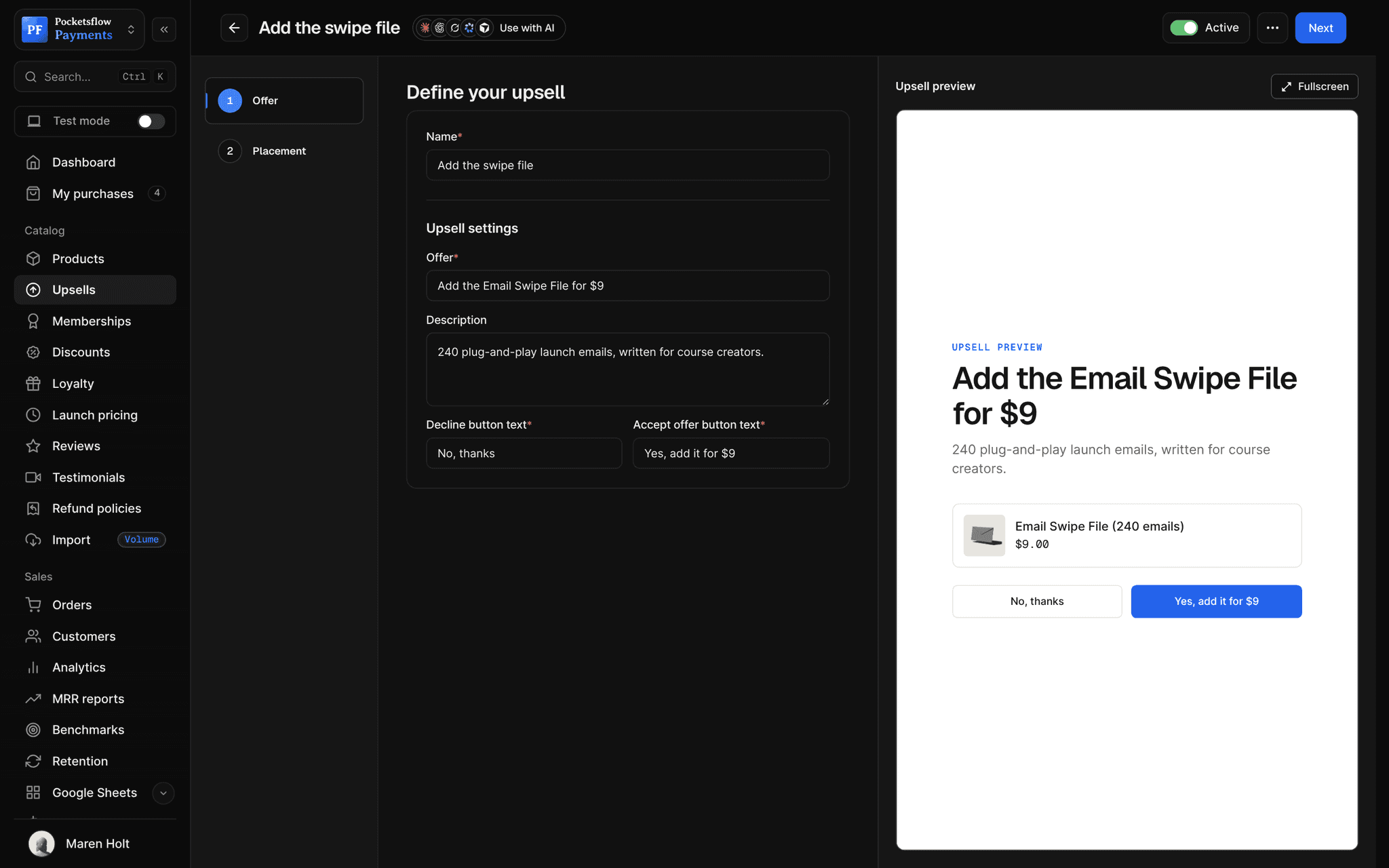 Upsell editor for Add the swipe file: offer headline, description, decline and accept button text, beside the upsell preview card Add the Email Swipe File for $9