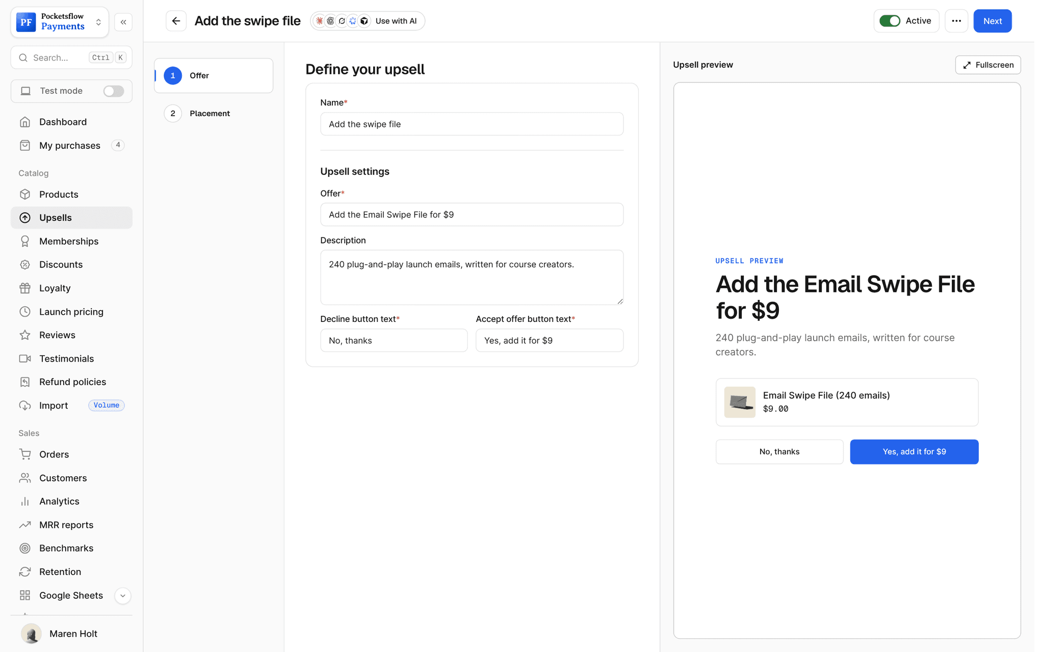 Upsell editor for Add the swipe file: offer headline, description, decline and accept button text, beside the upsell preview card Add the Email Swipe File for $9