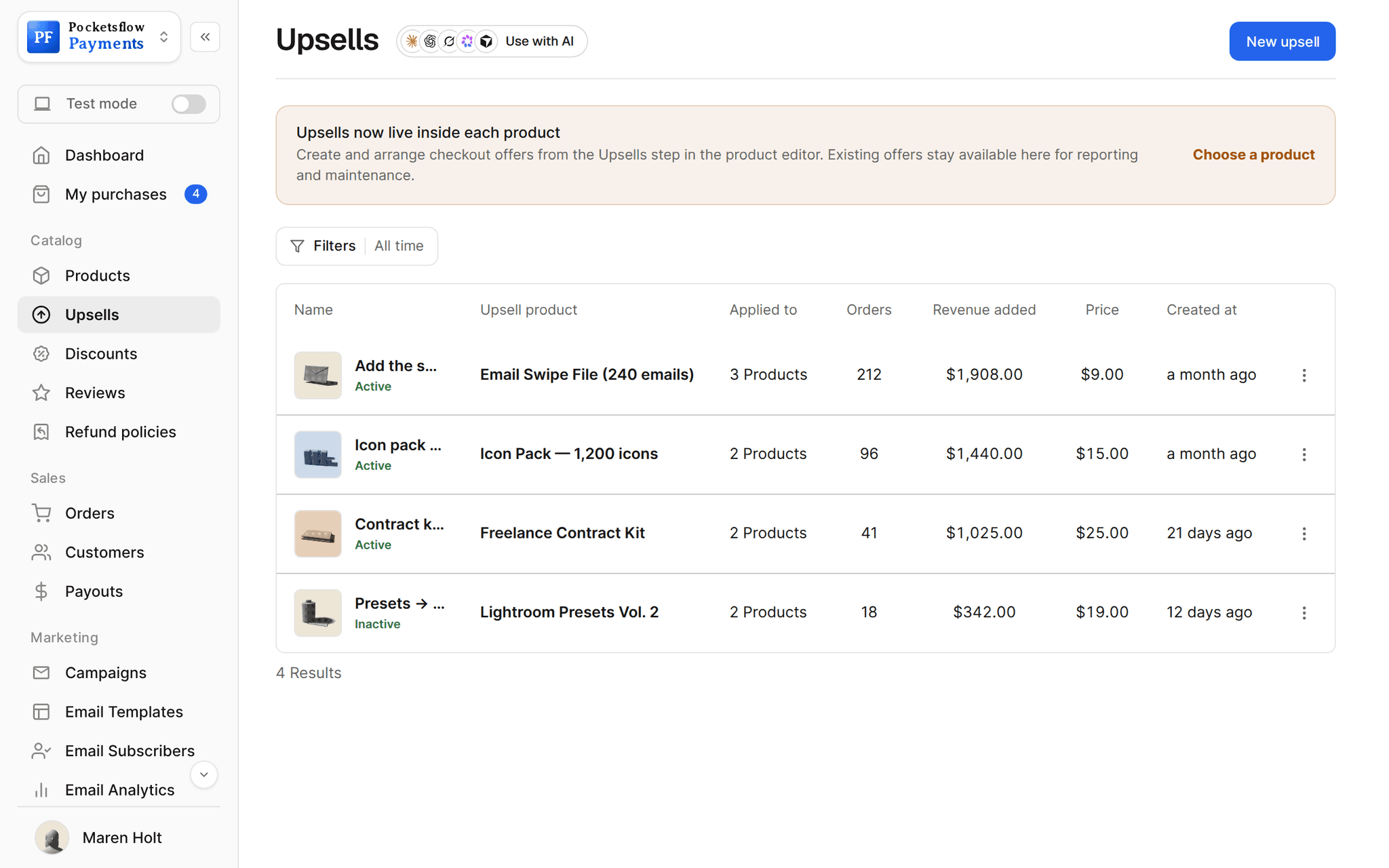 Upsells list with offer name, upsell product, number of products it applies to, orders, revenue added and price: Add the swipe file 212 orders $1,908, Icon pack for course buyers 96 orders $1,440, Contract kit bundle deal and Presets to field guide