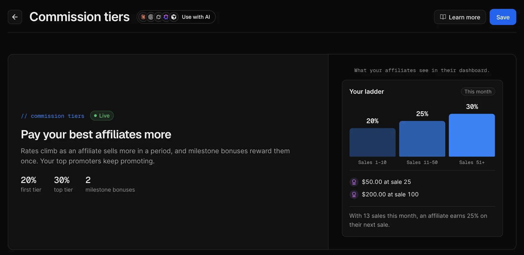Commission tiers: affiliates climb from 20% to 30% commission as they sell more, with milestone bonuses at sales 25 and 100
