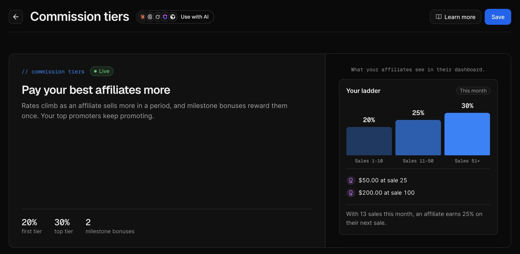 Commission tiers: affiliates climb from 20% to 30% commission as they sell more, with milestone bonuses at sales 25 and 100