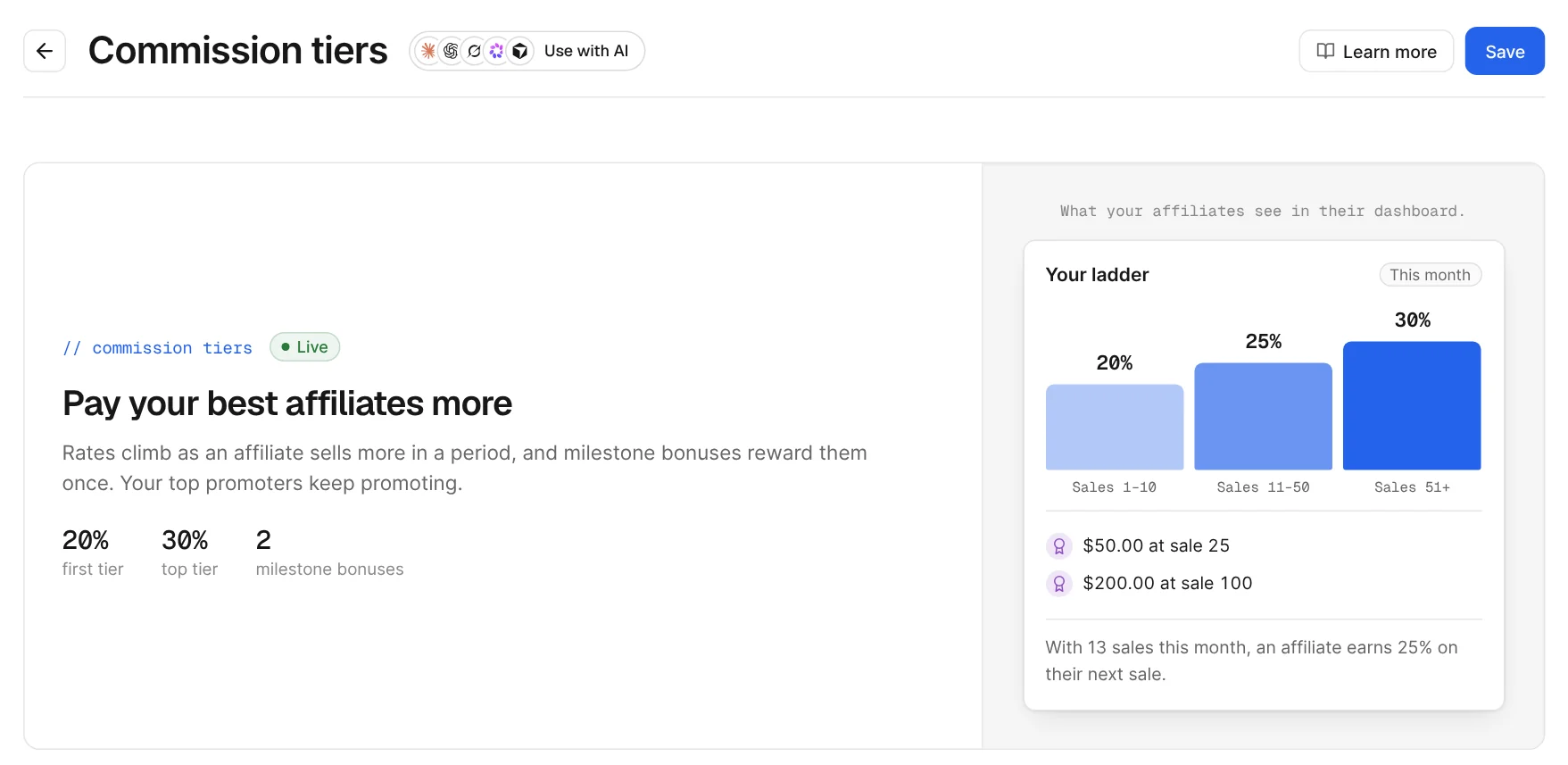 Commission tiers: affiliates climb from 20% to 30% commission as they sell more, with milestone bonuses at sales 25 and 100