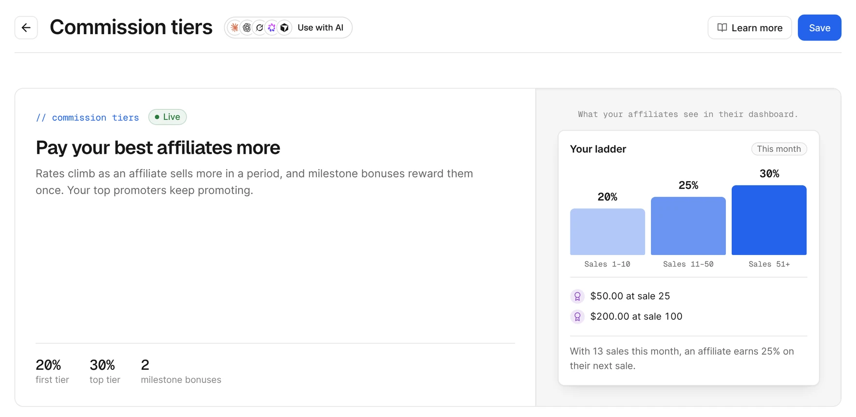 Commission tiers: affiliates climb from 20% to 30% commission as they sell more, with milestone bonuses at sales 25 and 100