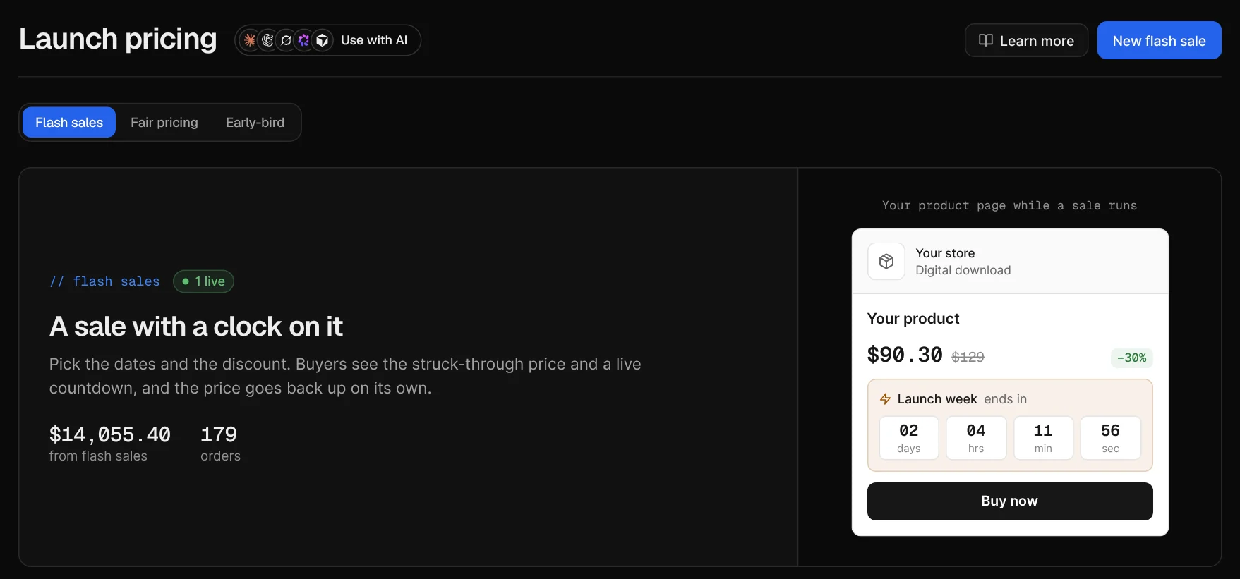 Launch pricing: a flash sale with $14,055.40 from 179 orders, and the product page preview showing a 30% off price with a live countdown