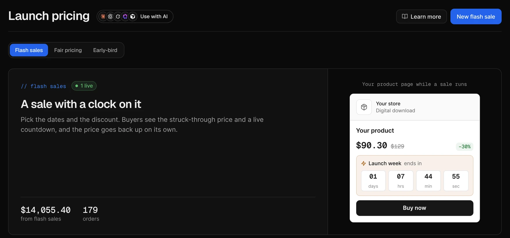 Launch pricing: a flash sale with $14,055.40 from 179 orders, and the product page preview showing a 30% off price with a live countdown