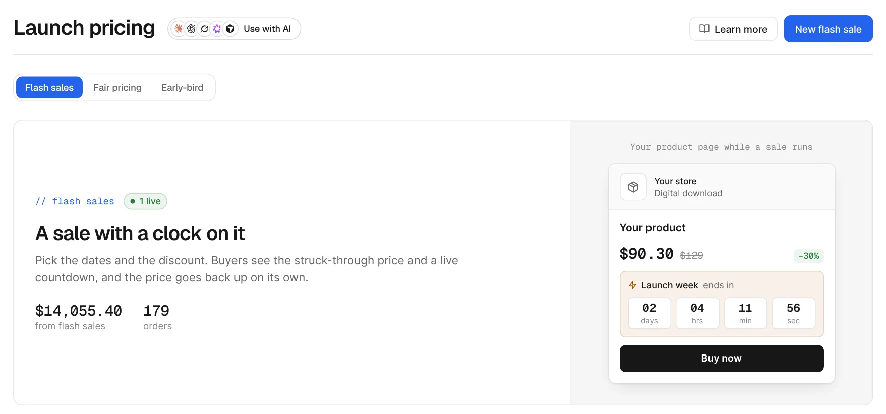 Launch pricing: a flash sale with $14,055.40 from 179 orders, and the product page preview showing a 30% off price with a live countdown