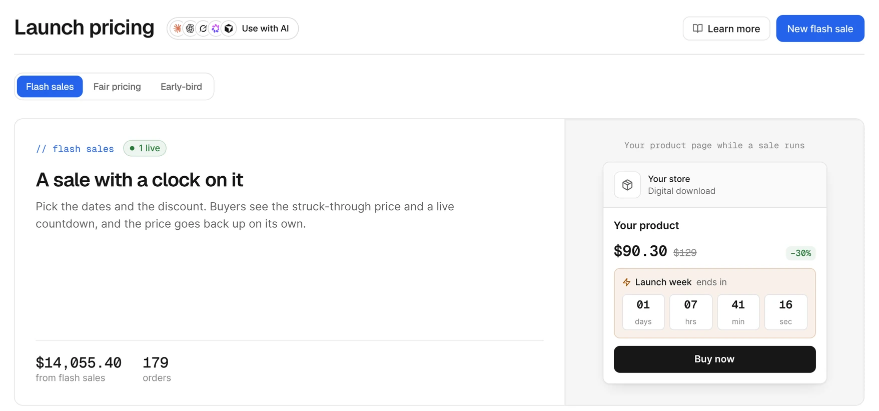 Launch pricing: a flash sale with $14,055.40 from 179 orders, and the product page preview showing a 30% off price with a live countdown