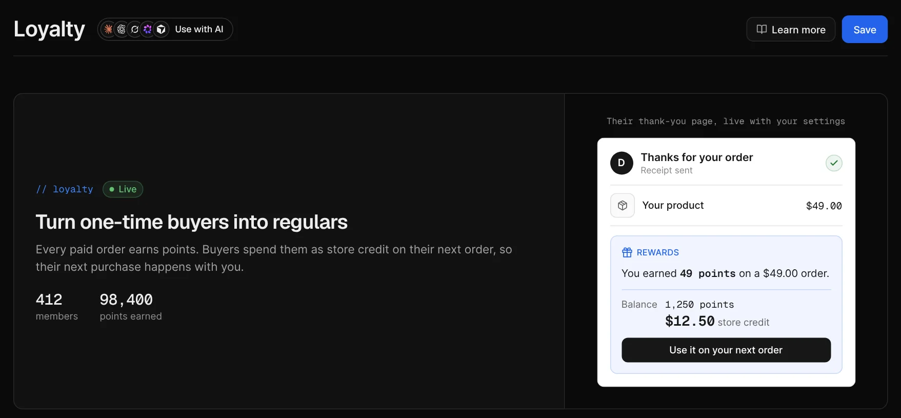 Loyalty: 412 members and 98,400 points earned, with the buyer's thank-you page showing 49 points earned and $12.50 of store credit