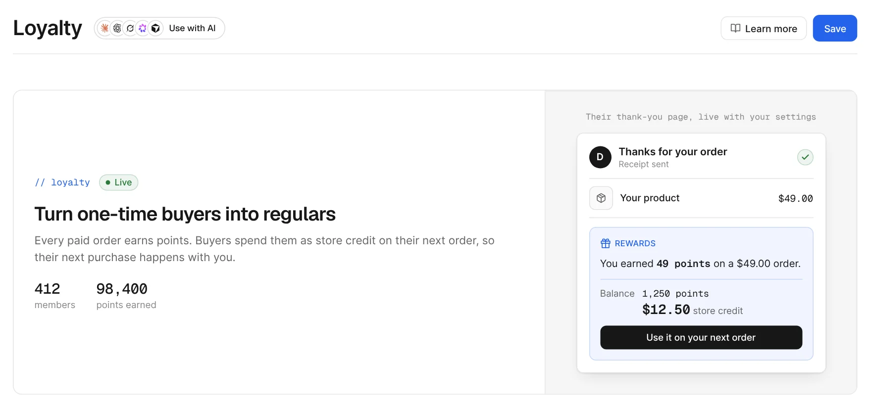 Loyalty: 412 members and 98,400 points earned, with the buyer's thank-you page showing 49 points earned and $12.50 of store credit