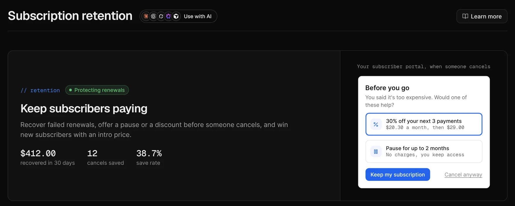 Subscription retention: $412.00 recovered in 30 days and 12 cancels saved, with the cancel screen offering 30% off or a pause