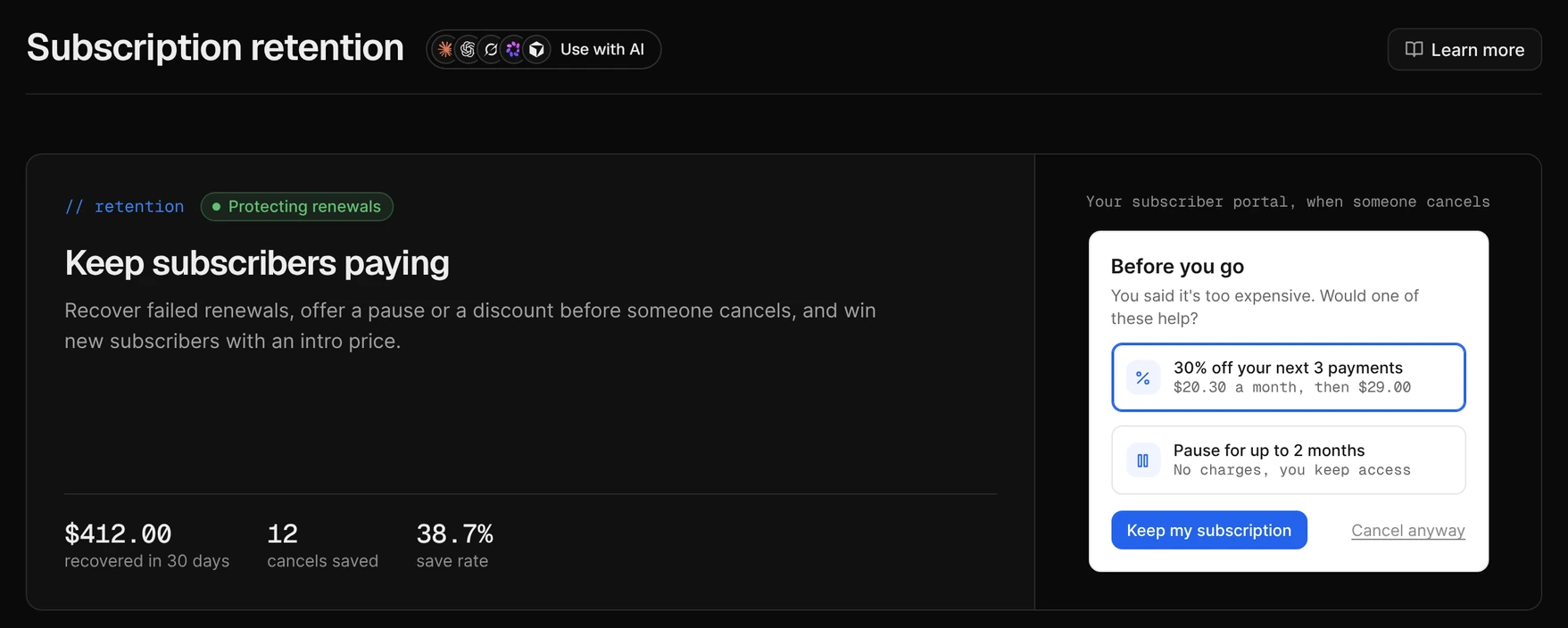 Subscription retention: $412.00 recovered in 30 days and 12 cancels saved, with the cancel screen offering 30% off or a pause