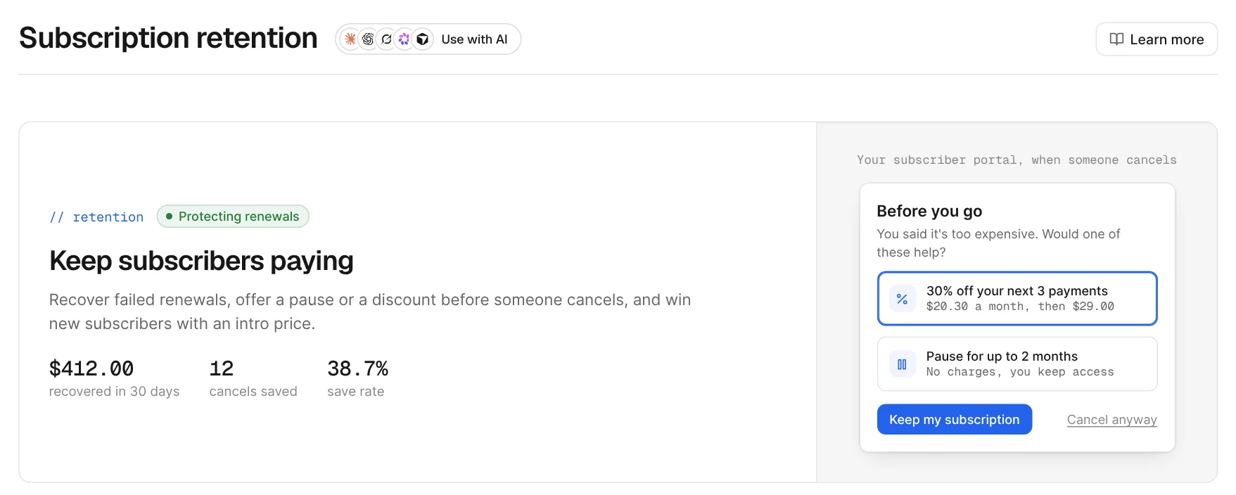 Subscription retention: $412.00 recovered in 30 days and 12 cancels saved, with the cancel screen offering 30% off or a pause