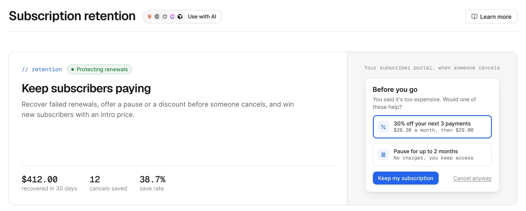 Subscription retention: $412.00 recovered in 30 days and 12 cancels saved, with the cancel screen offering 30% off or a pause