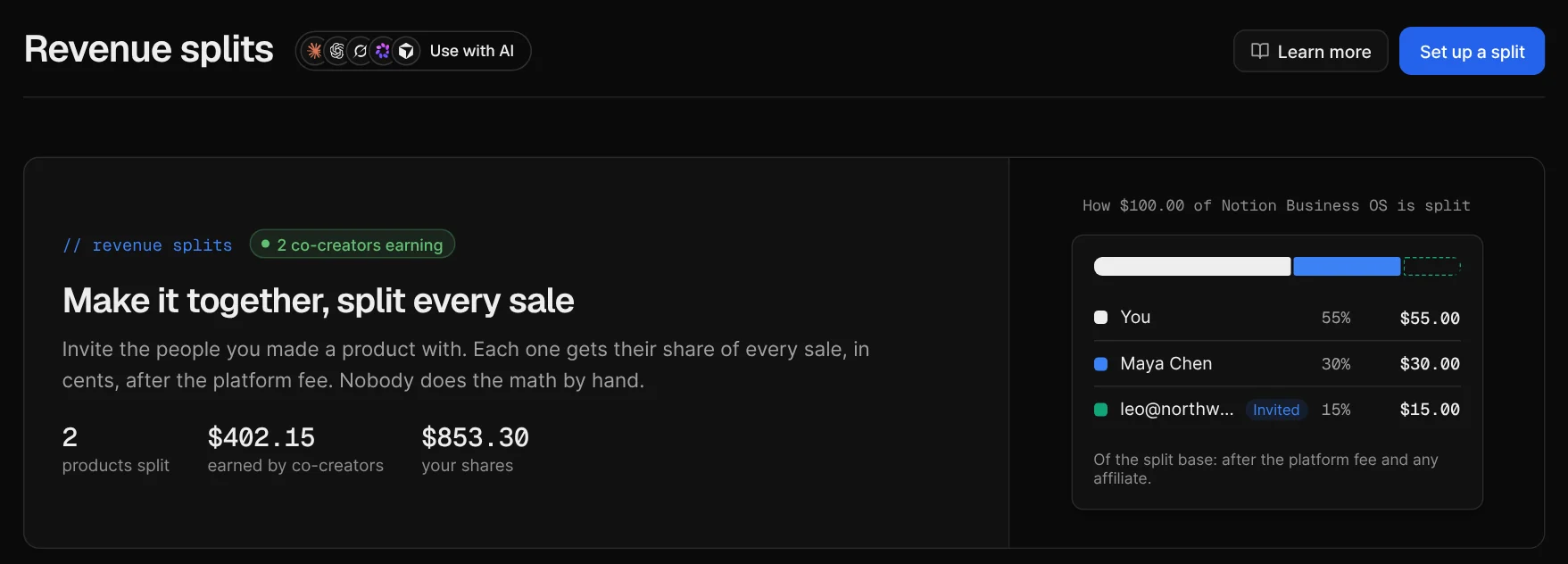 Revenue splits: how $100.00 of a sale is split between you and two co-creators, with $402.15 earned by co-creators