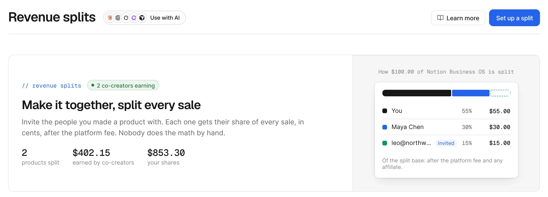 Revenue splits: how $100.00 of a sale is split between you and two co-creators, with $402.15 earned by co-creators