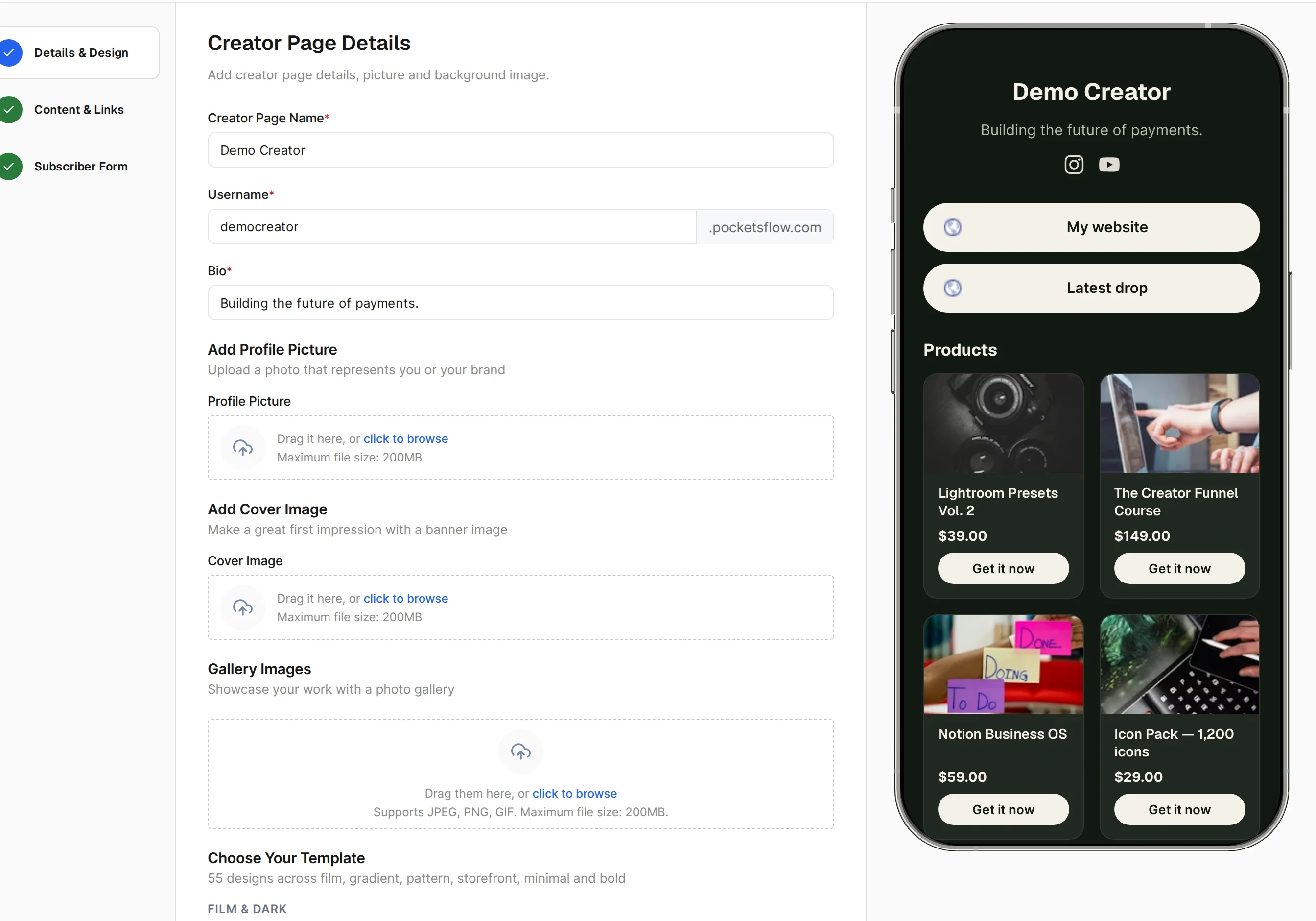 Pocketsflow creator page editor with links and products