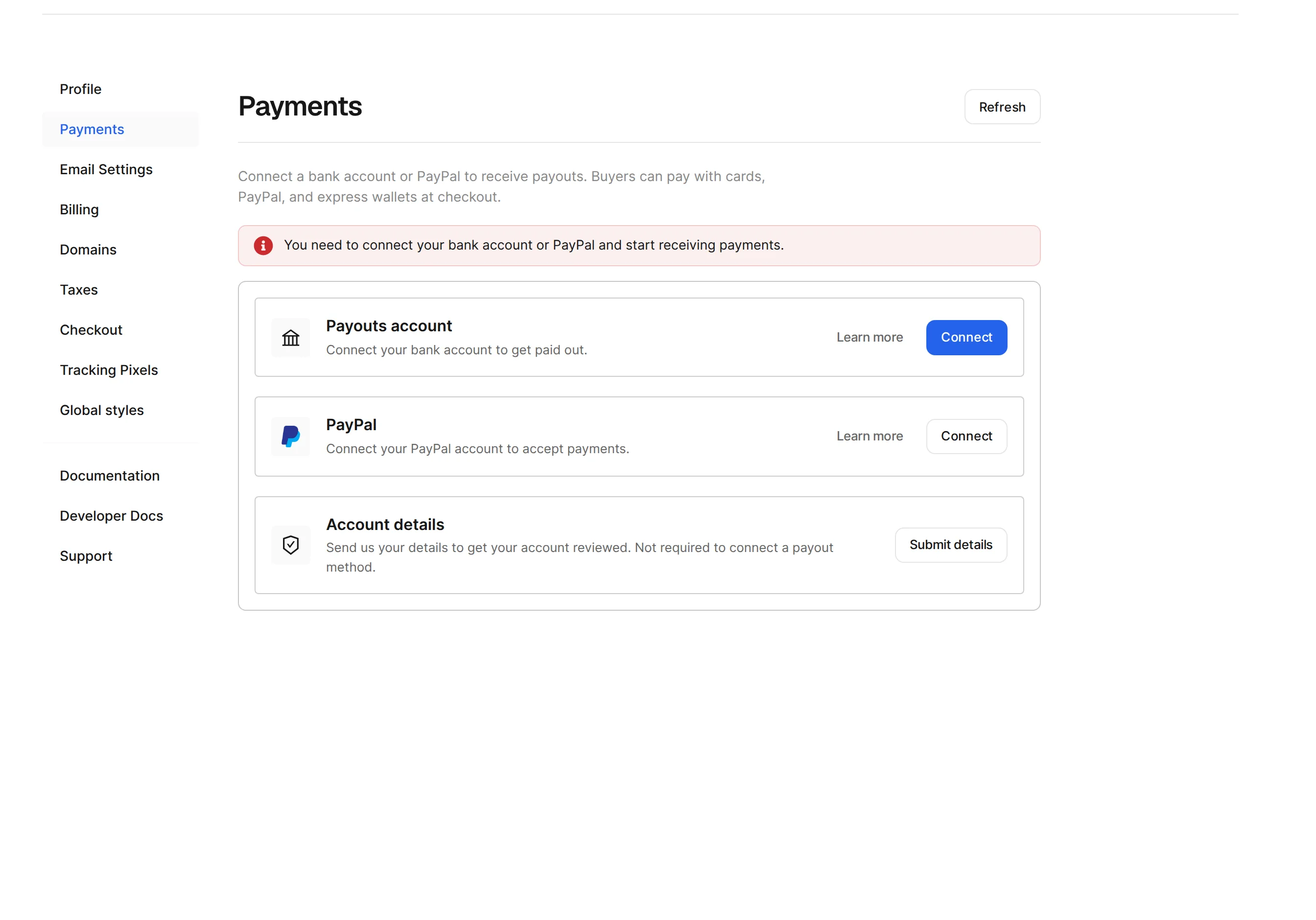 Pocketsflow payments settings with bank and PayPal payout connections