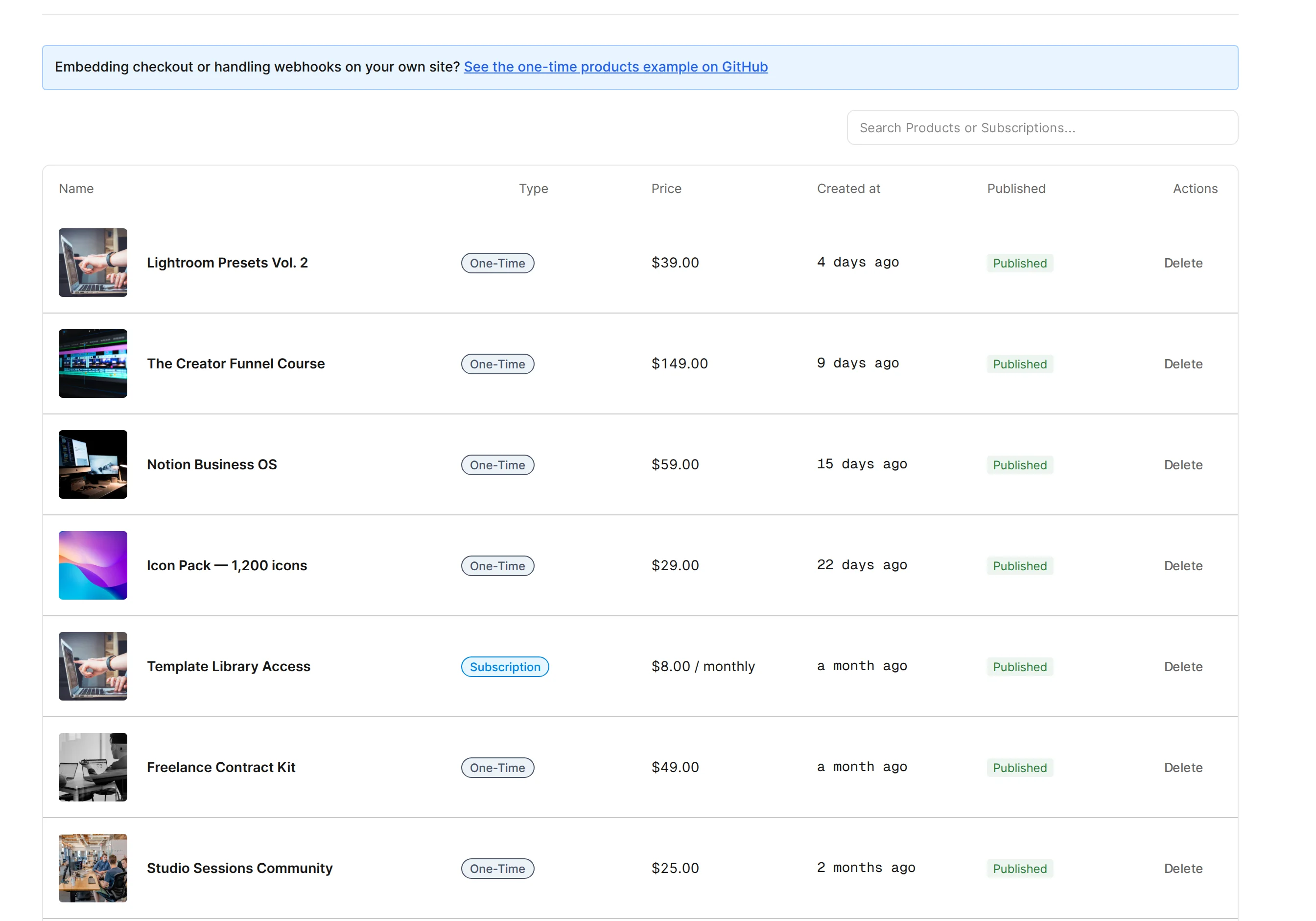 Pocketsflow products dashboard listing digital products with prices, sales, and revenue